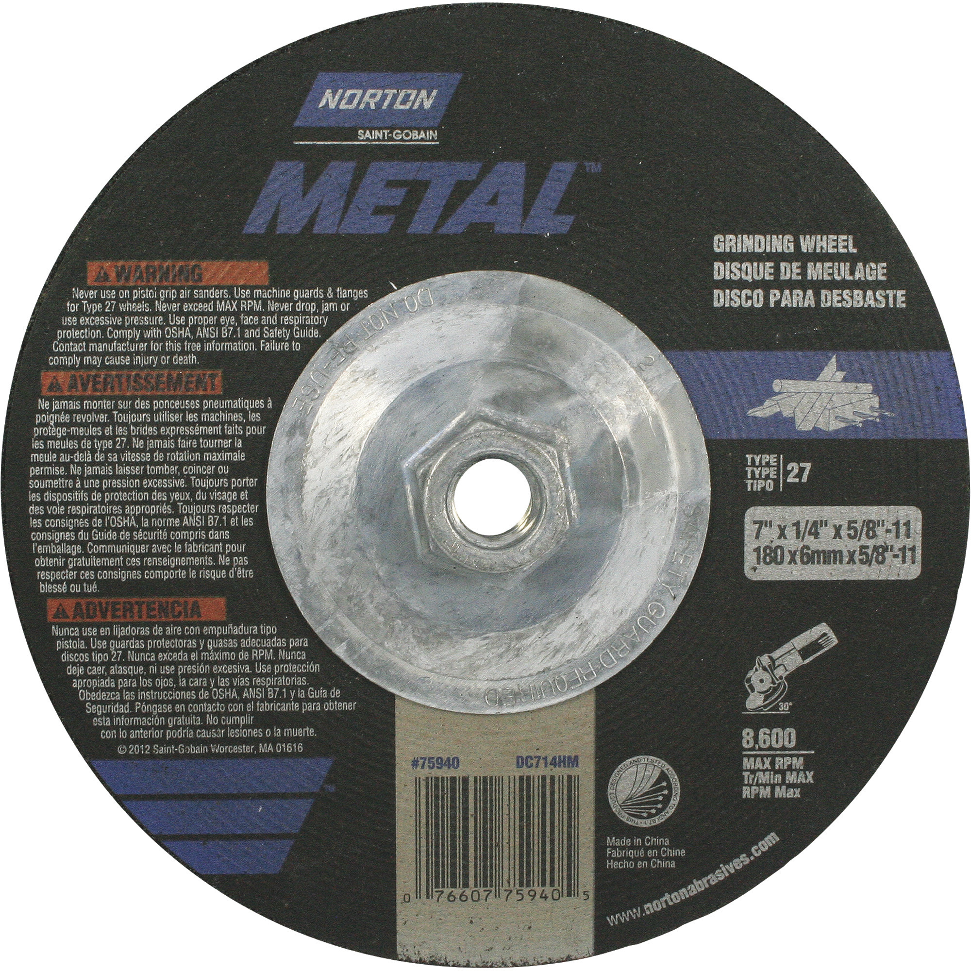 Norton Metal Grinding Wheel, 7in. Dia., 8500 RPM